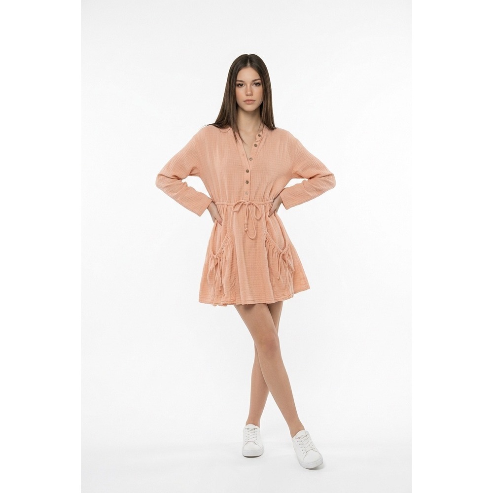 Free People Womens Peach Gauze Button Front Drawstring Mini Dress XS Boho Pocket
